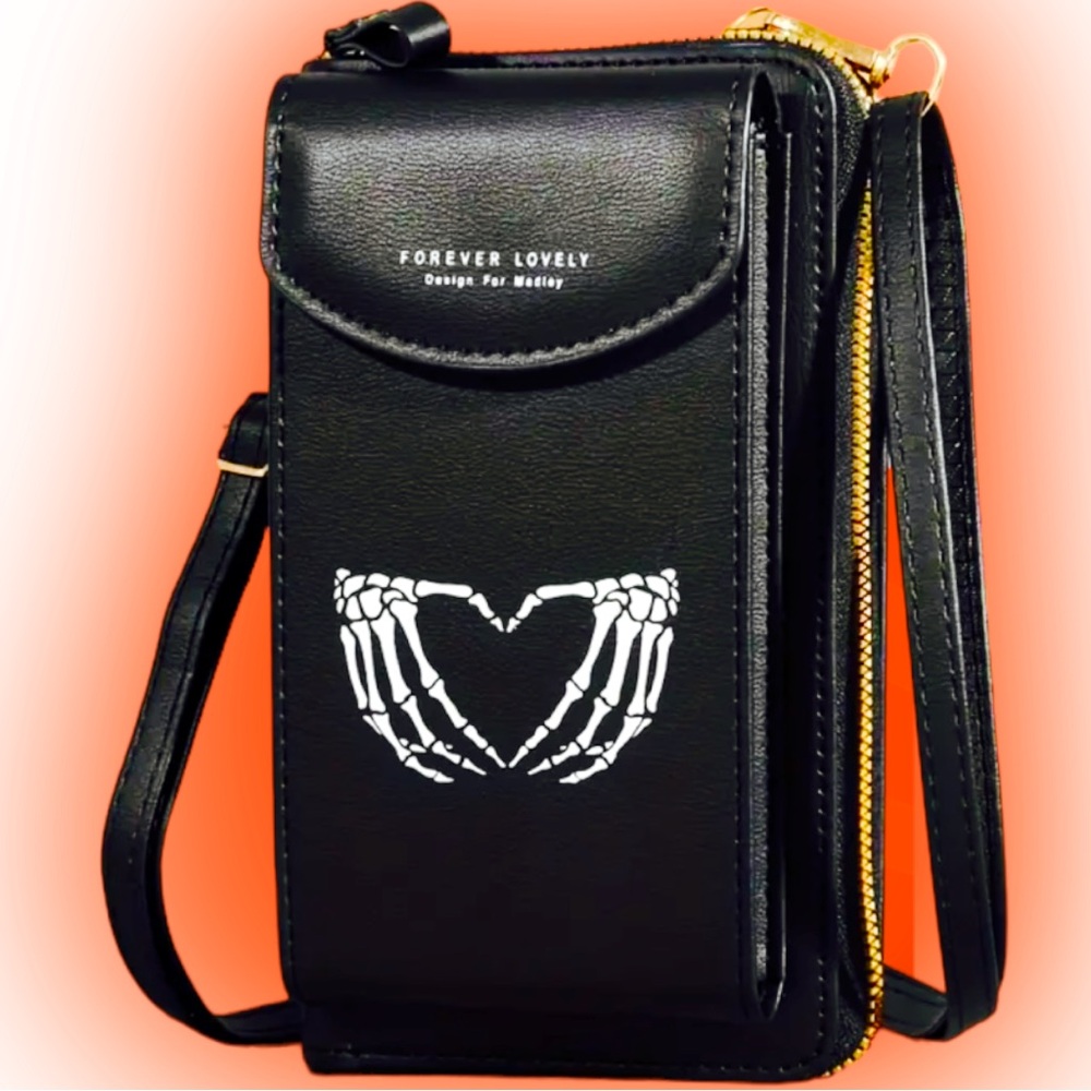 🆕 Gothic Skeleton Heart Hands Crossbody Wallet - Phone Purse - Zipper Closure